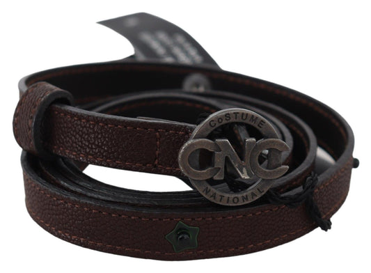 Costume National Brown Skinny Leather Round Logo Buckle Belt - YSONA