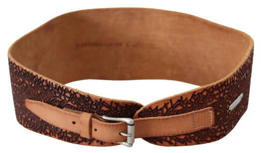 Scervino Street Brown Wide Leather Embroidered Design Logo Belt - YSONA