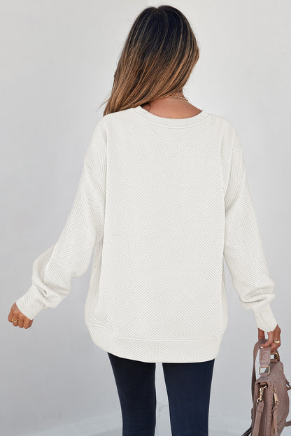 Parchment Solid Color Textured Round Neck Drop Shoulder Pullover Sweatshirt