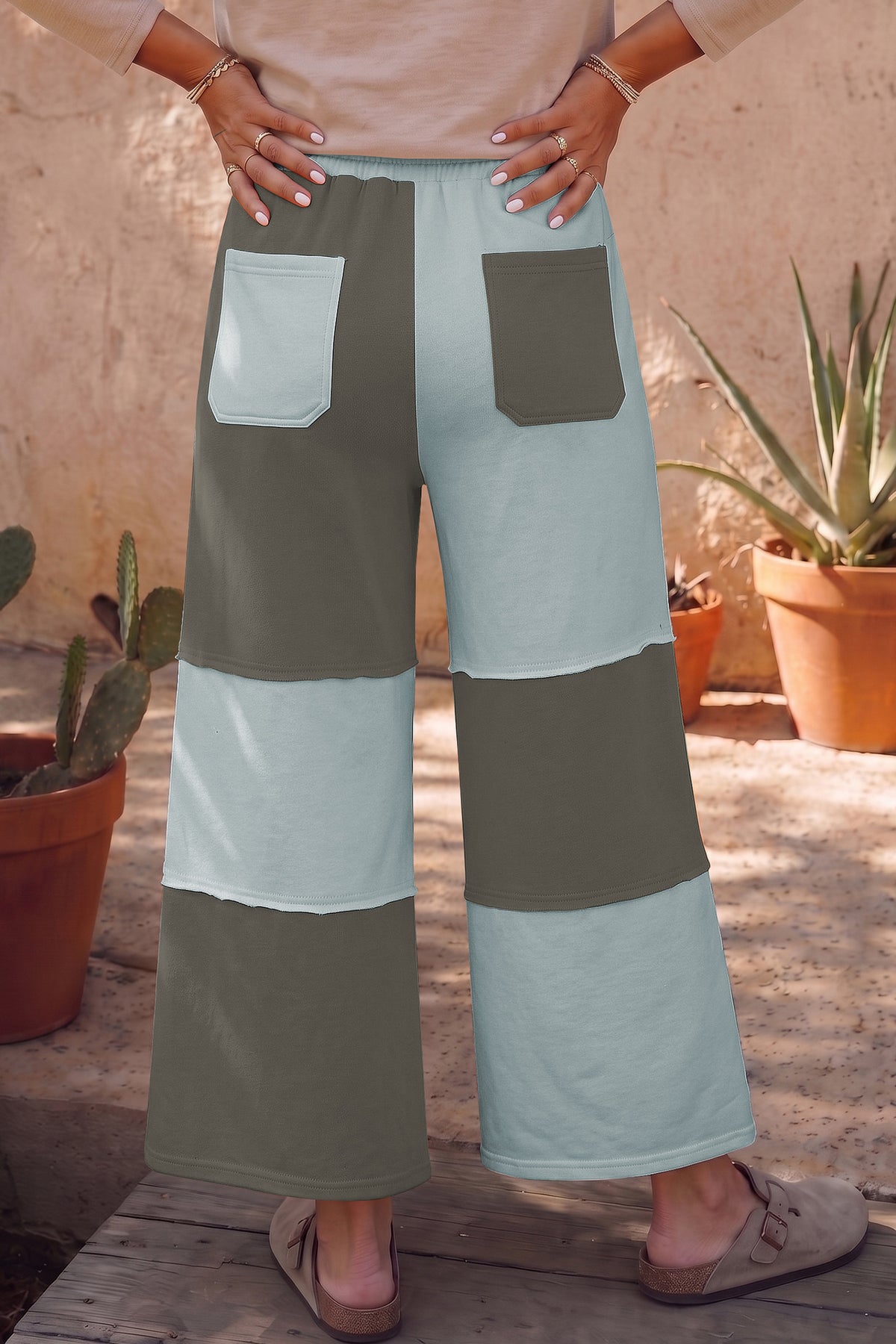 Fiery Red Raw Seam Colorblock Wide Leg Ankle Length Casual Pants