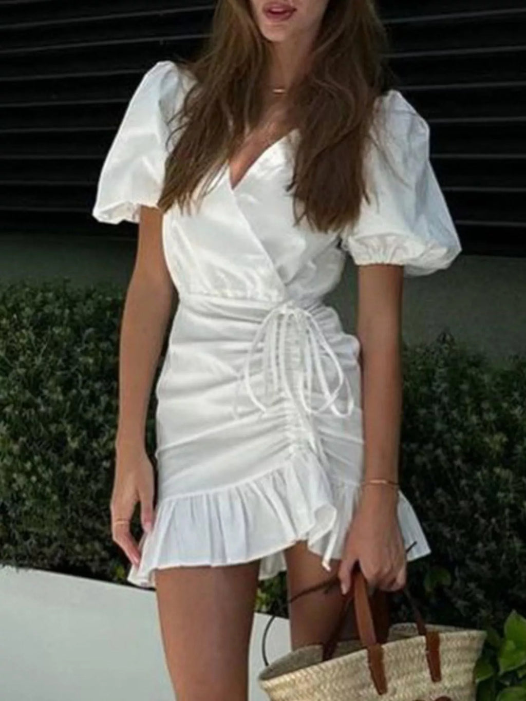 YSONA Ruffled Hem Ruched Puff Sleeve Mini Dress — front view | Women's Dress | Shop YSONA