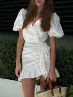 YSONA Ruffled Hem Ruched Puff Sleeve Mini Dress — front view | Women's Dress | Shop YSONA