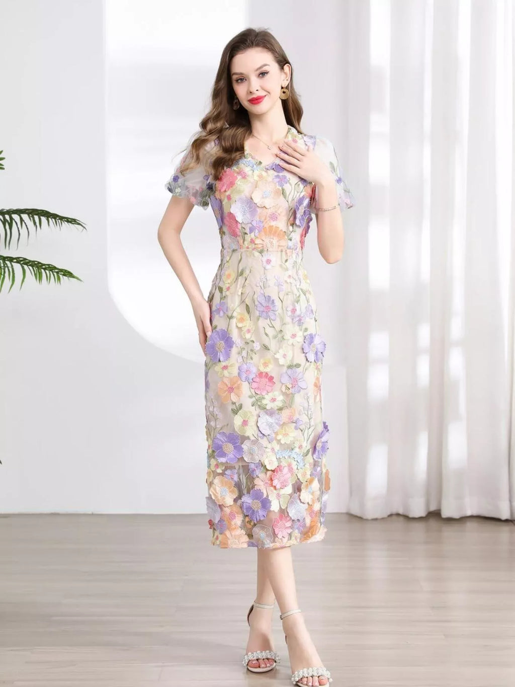YSONA Floral Embroidered Puff Sleeve Midi Dress — model wearing | Women's Dress | Shop YSONA