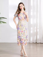 YSONA Floral Embroidered Puff Sleeve Midi Dress — model wearing | Women's Dress | Shop YSONA