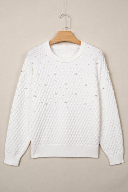 White Solid Textured Knit Pearl Embellished Pullover Sweater