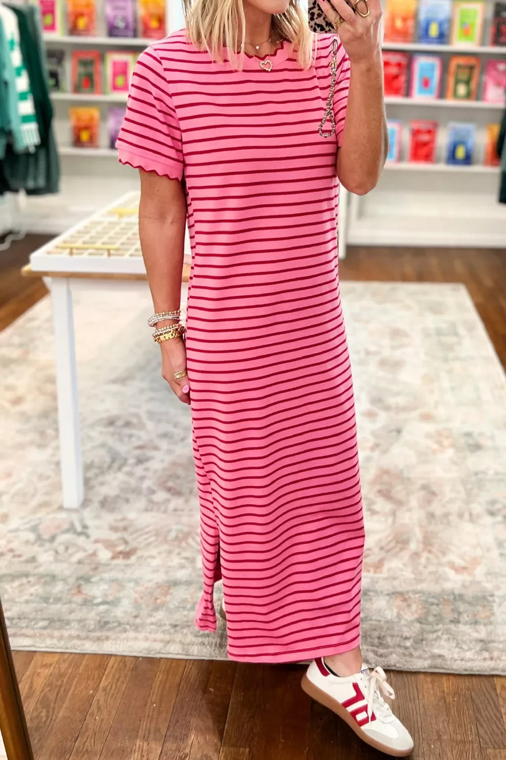 YSONA Stripe Striped Short Sleeve Scalloped Trim Side Slit Maxi Tee Dress — detail view
