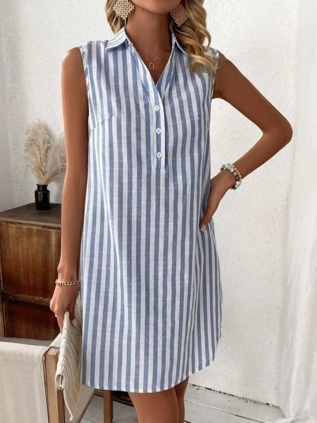 YSONA Sleeveless Striped Button Detail Shirt Dress — side view | Women's Dress | Shop YSONA