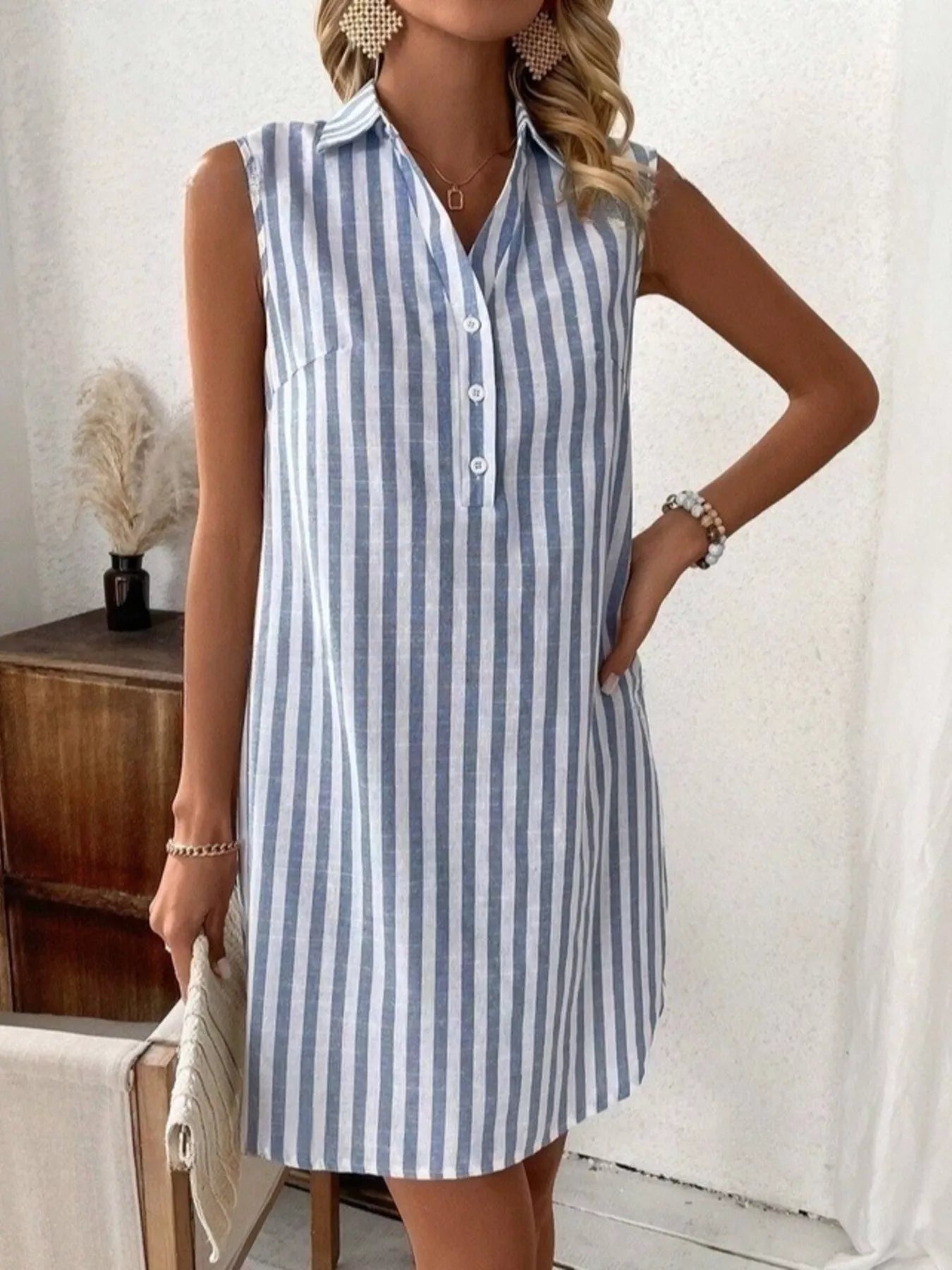 YSONA Sleeveless Striped Button Detail Shirt Dress — side view | Women's Dress | Shop YSONA