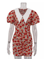 YSONA Ruched Floral Print Puff Sleeve Mini Dress — close-up view | Women's Dress | Shop YSONA