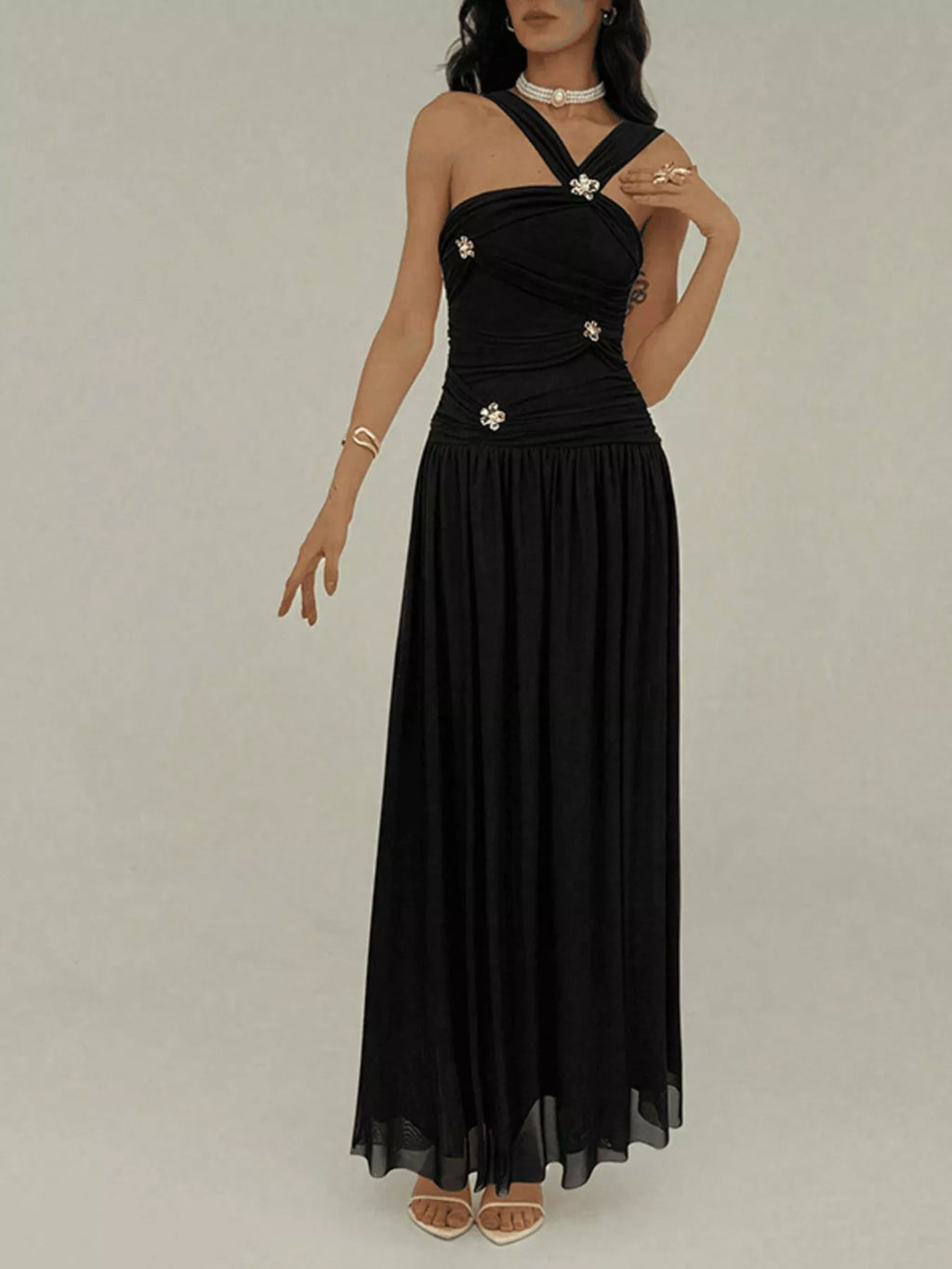 YSONA Ruched Sleeveless Maxi Dress with Embellishments — back view | Women's Dress | Shop YSONA