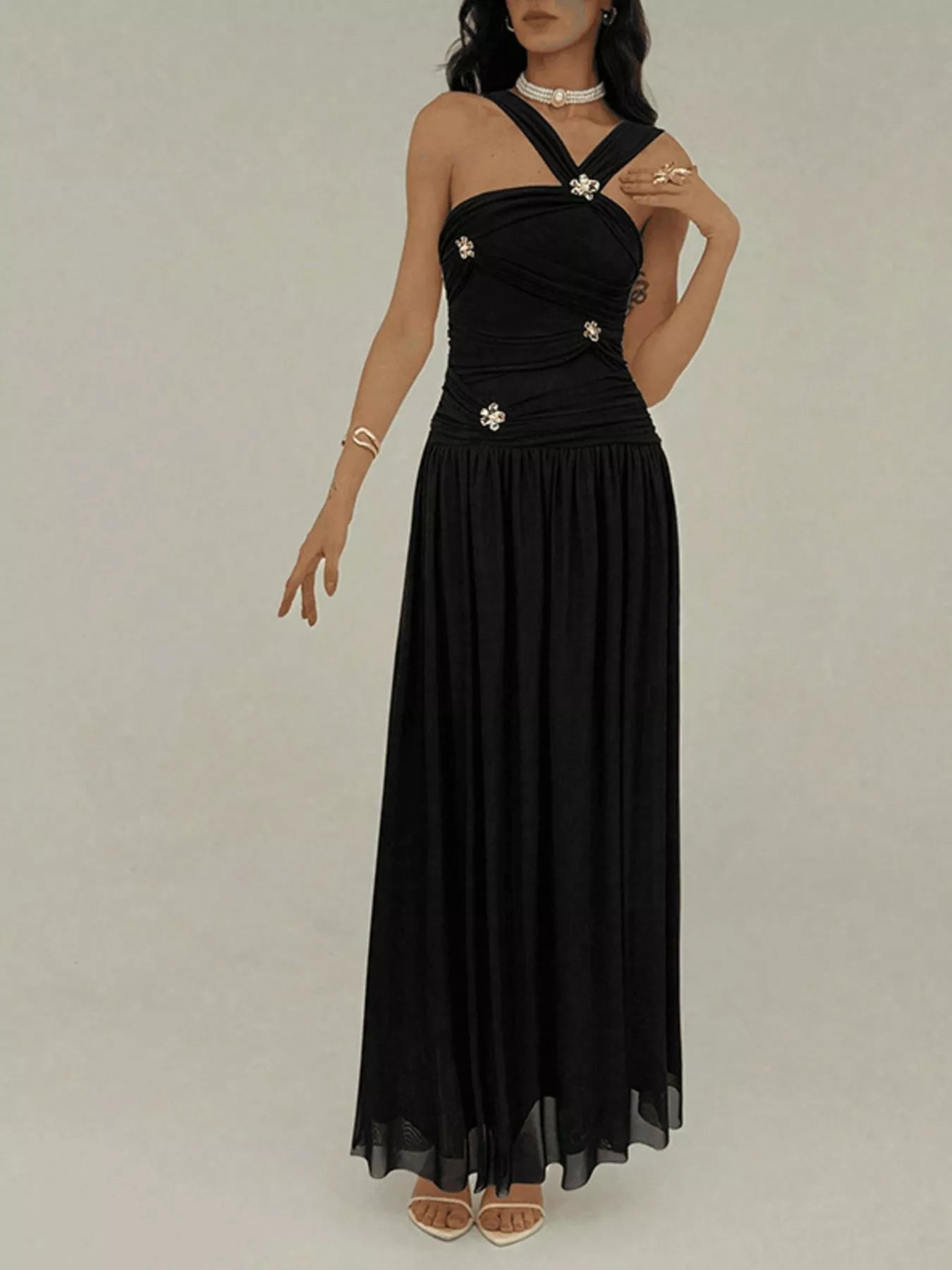 YSONA Ruched Sleeveless Maxi Dress with Embellishments — back view | Women's Dress | Shop YSONA