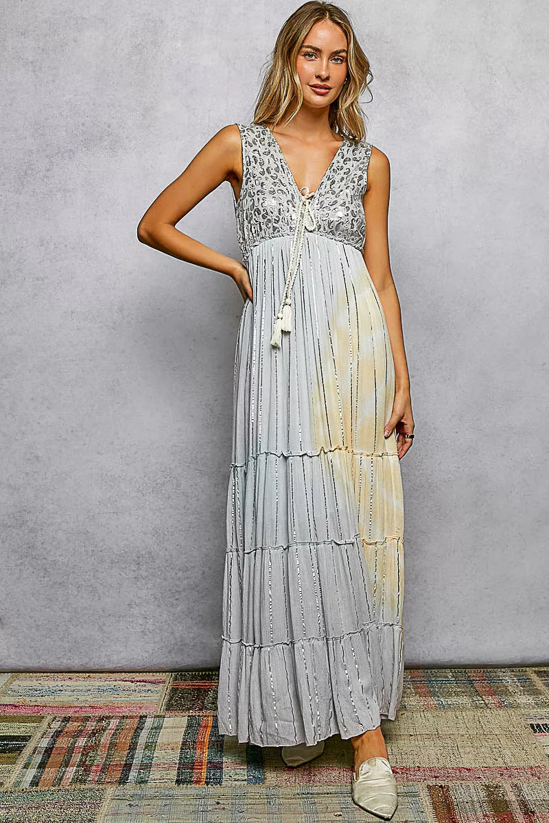 YSONA POL Deep V Sleeveless Cotton Bohemian Tiered Maxi Dress — front view | Women's Dress