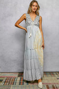 YSONA POL Deep V Sleeveless Cotton Bohemian Tiered Maxi Dress — front view | Women's Dress