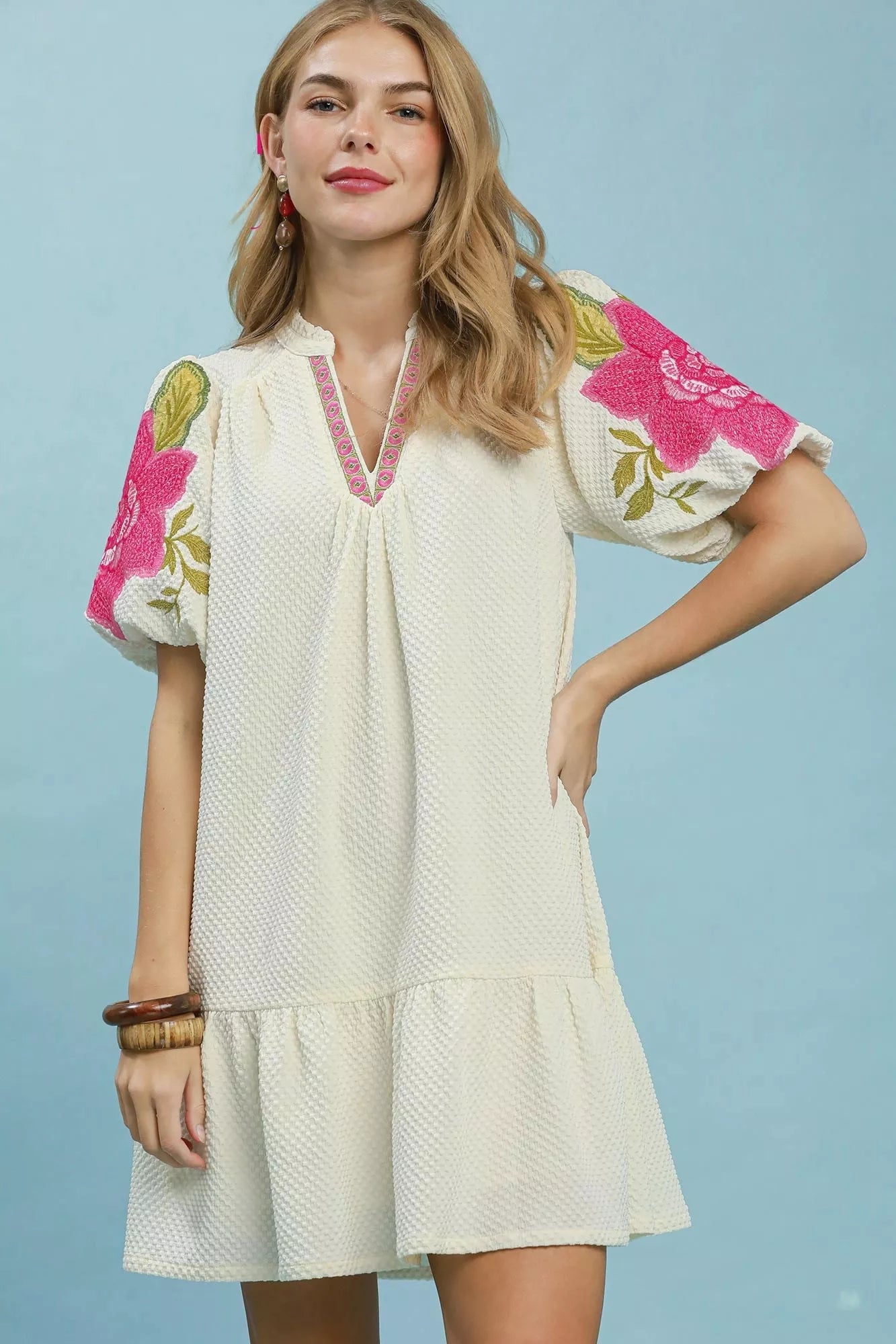 YSONA Umgee Floral Embroidered Textured Jacquard Dress — front view | Women's Dress | Shop YSONA
