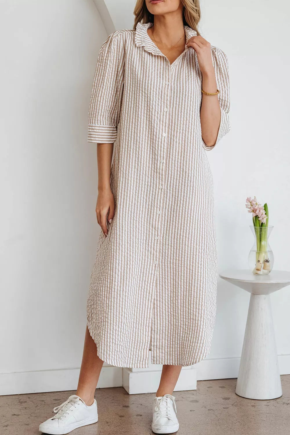 YSONA Stripe Frilled Collar Half Sleeve Shirt Dress — front view | Women's Dress | Shop YSONA
