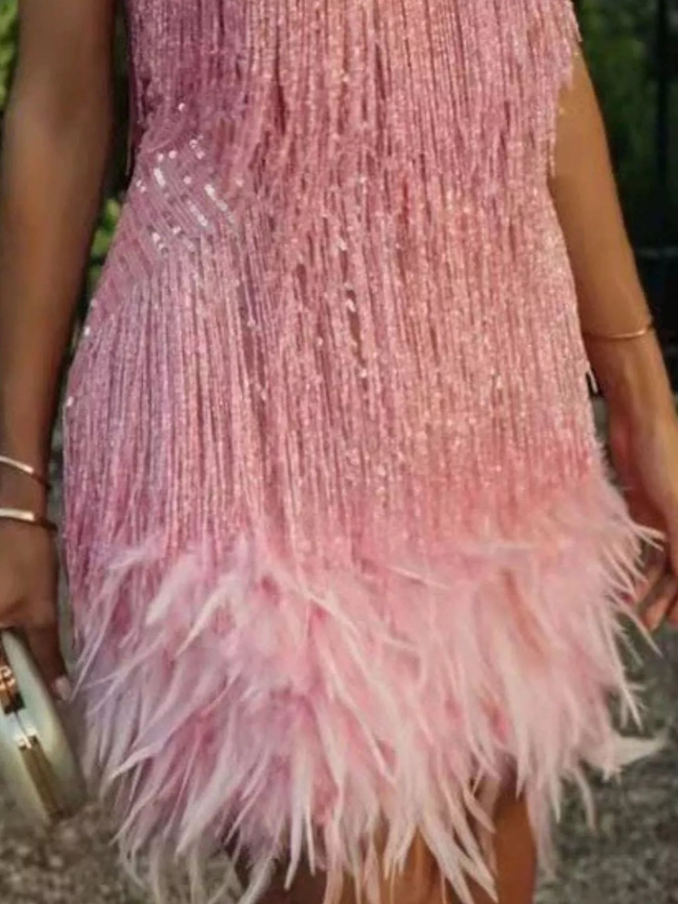 YSONA Full Size Sequin and Feather Fringe Mini Dress Plus Size — full length view | Women's Dress
