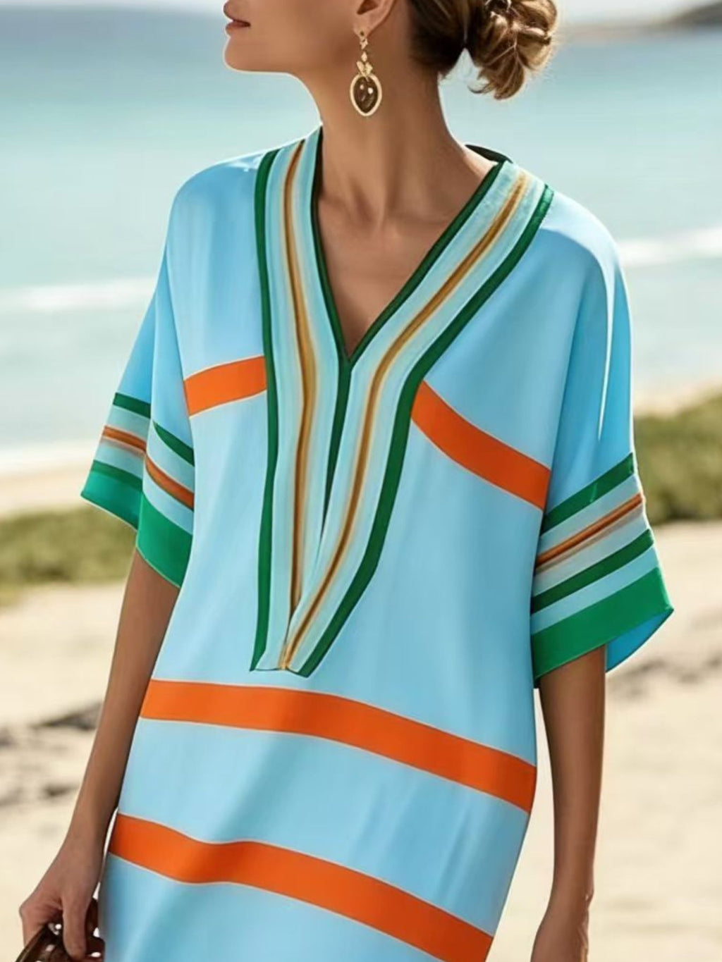 YSONA Full Size Striped Half Sleeve Midi Dress Plus Size — model wearing | Women's Dress