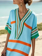 YSONA Full Size Striped Half Sleeve Midi Dress Plus Size — model wearing | Women's Dress