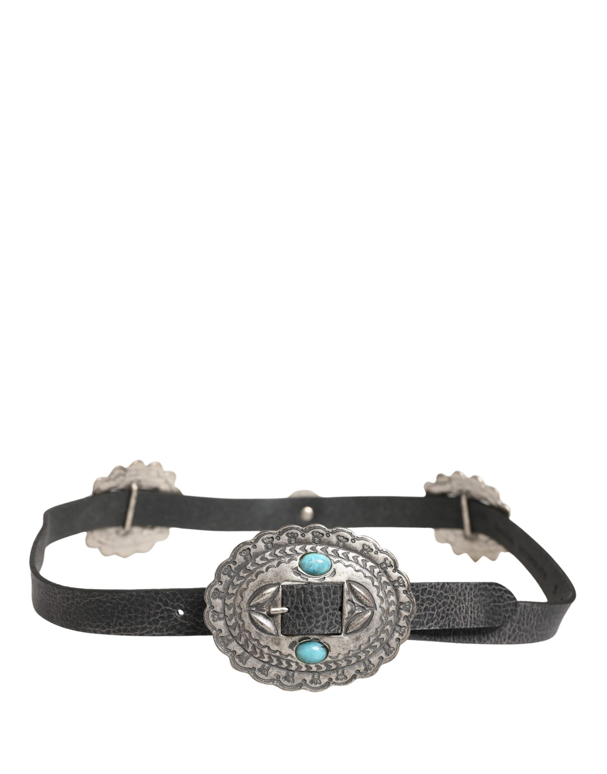 Cavalli Class Black Turquoise Leather Embellished Oval Buckle Belt - YSONA
