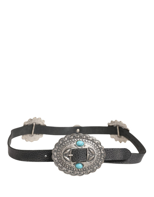 Cavalli Class Black Turquoise Leather Embellished Oval Buckle Belt - YSONA
