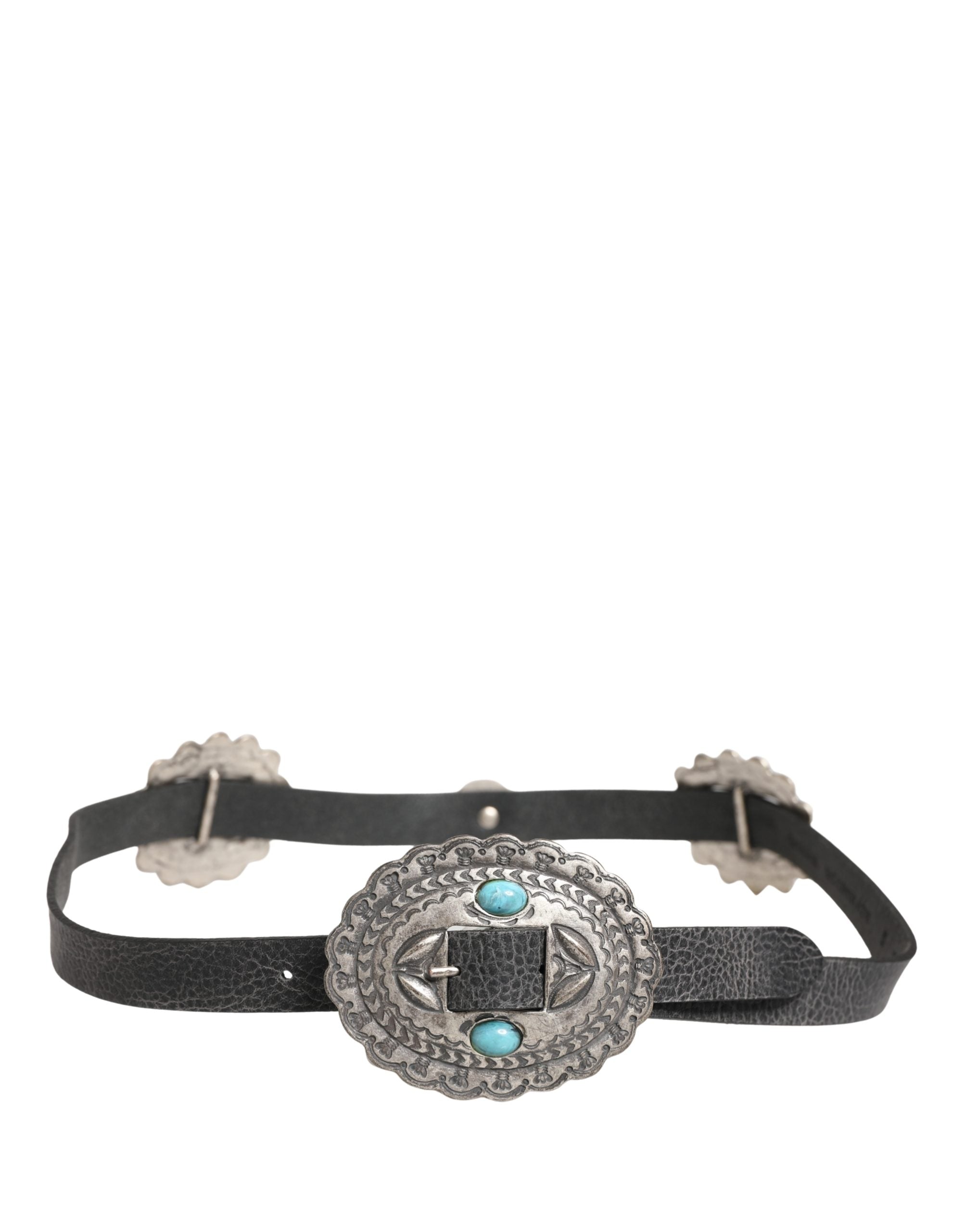 Cavalli Class Black Turquoise Leather Embellished Oval Buckle Belt - view 2