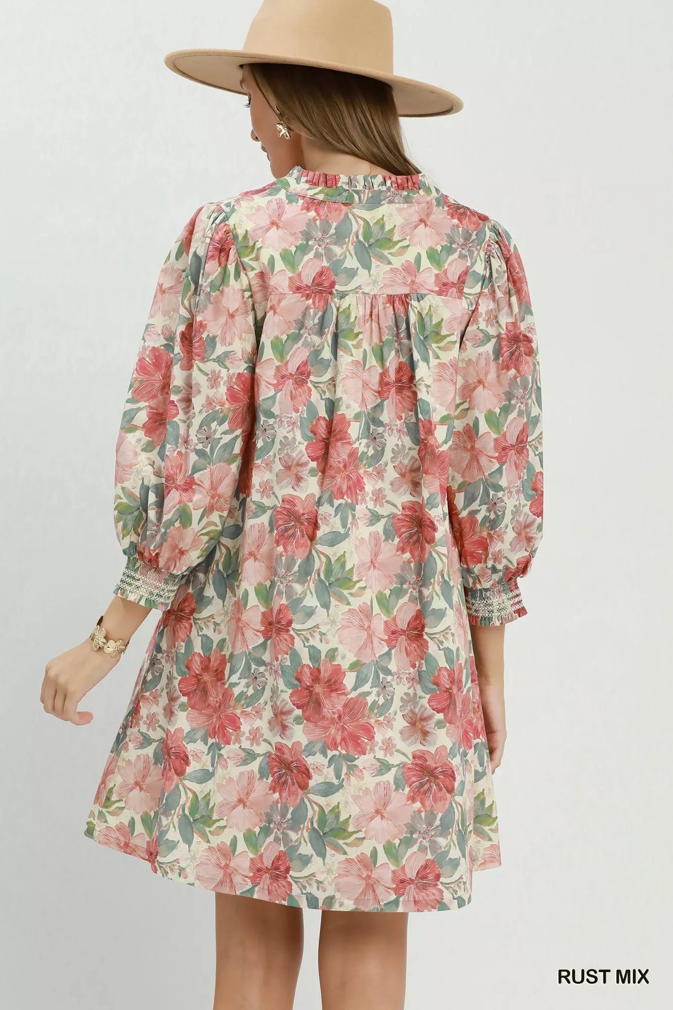 YSONA Umgee Mix Floral Print Smocked Cuff Mini Dress — side view | Women's Dress | Shop YSONA