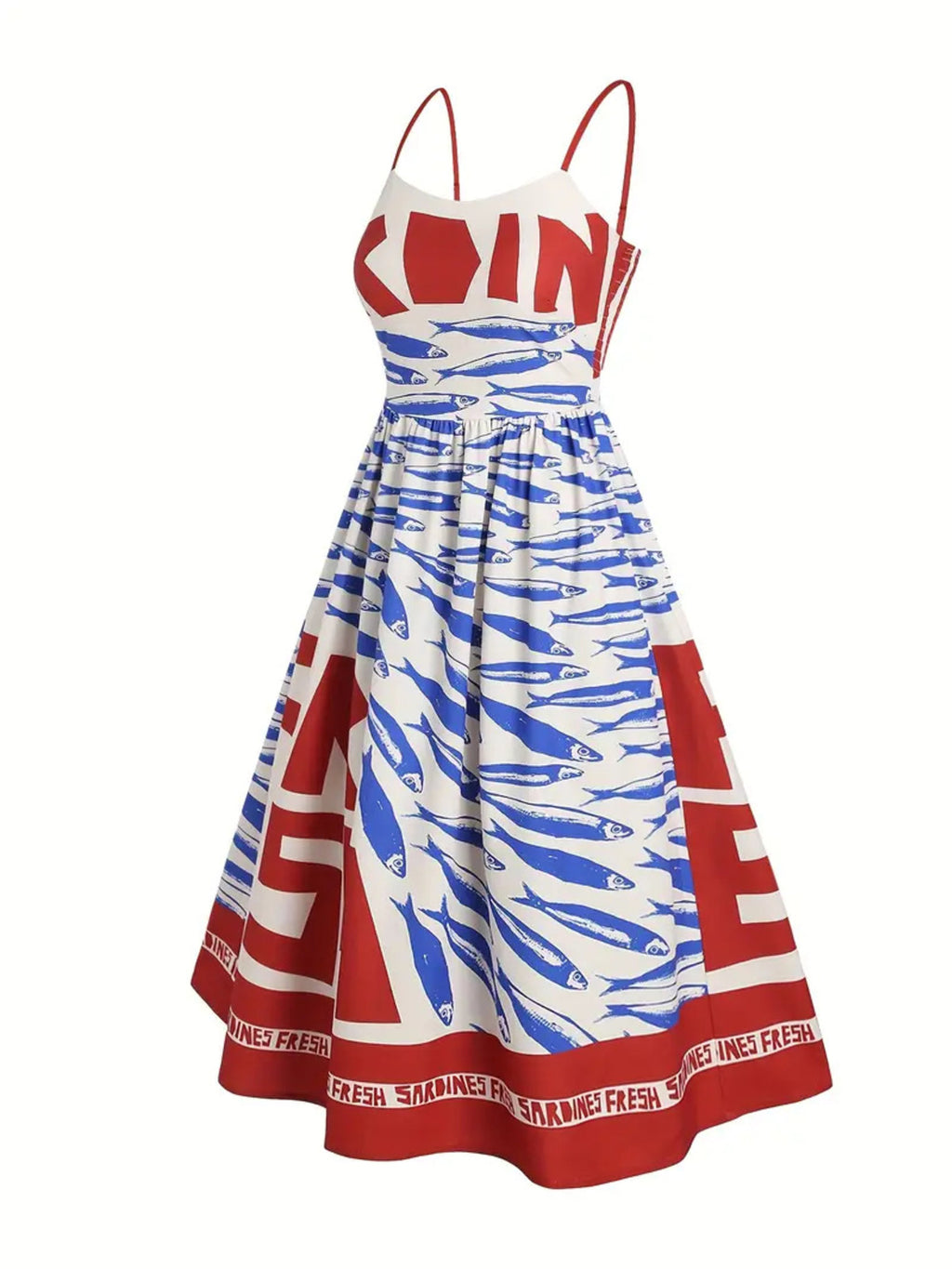 YSONA Sardine Print Spaghetti Strap Midi Dress — side view | Women's Dress | Shop YSONA
