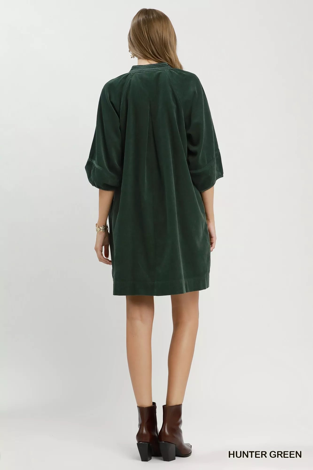 YSONA Umgee Corduroy V-Neck Puff Sleeve Shift Dress with Pockets — side view | Women's Dress