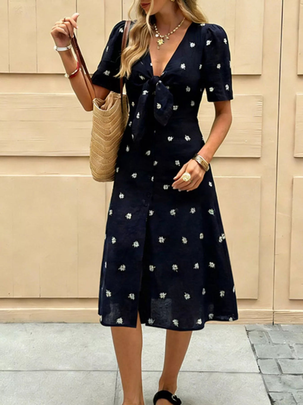 YSONA Daisy Print Tie-Front Midi Dress — side view | Women's Dress | Shop YSONA