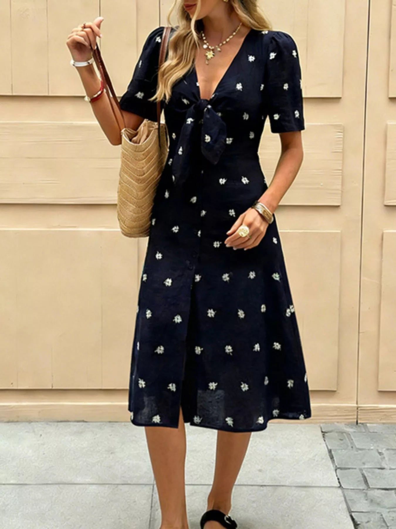 YSONA Daisy Print Tie-Front Midi Dress — side view | Women's Dress | Shop YSONA