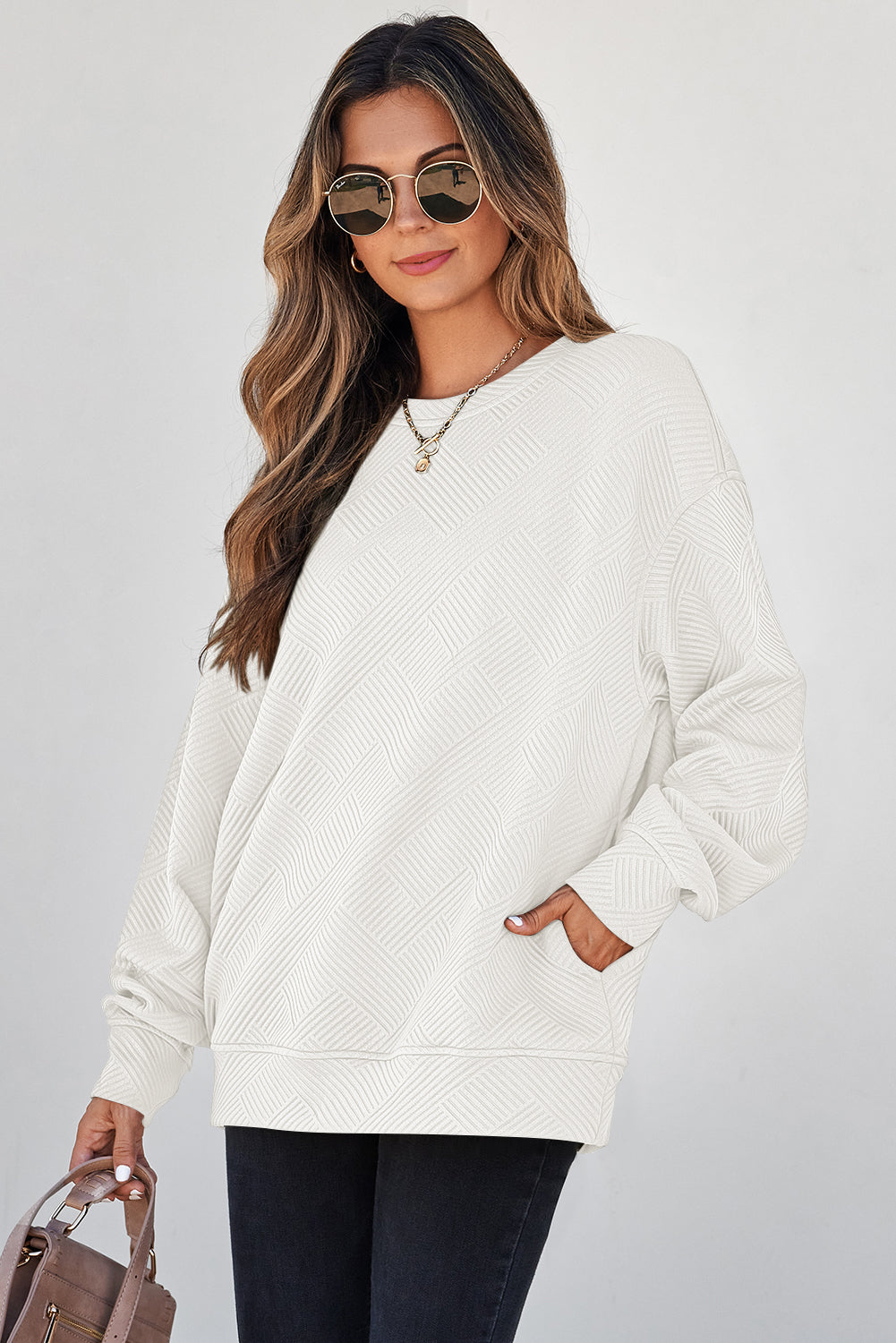 Parchment Solid Color Textured Round Neck Drop Shoulder Pullover Sweatshirt