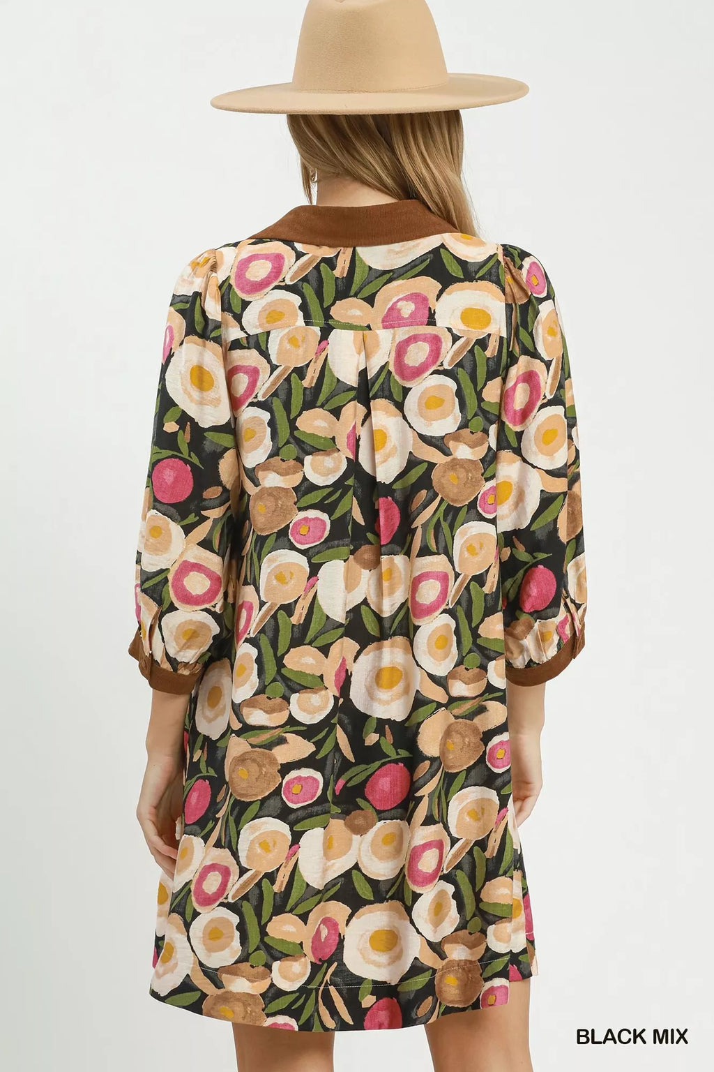 YSONA Umgee Mix Floral Contrast Trim Shift Mini Dress — side view | Women's Dress | Shop YSONA