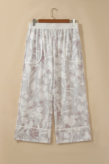 Gray Floral Camo Print Contrast Trim Plus Size Loose Pants