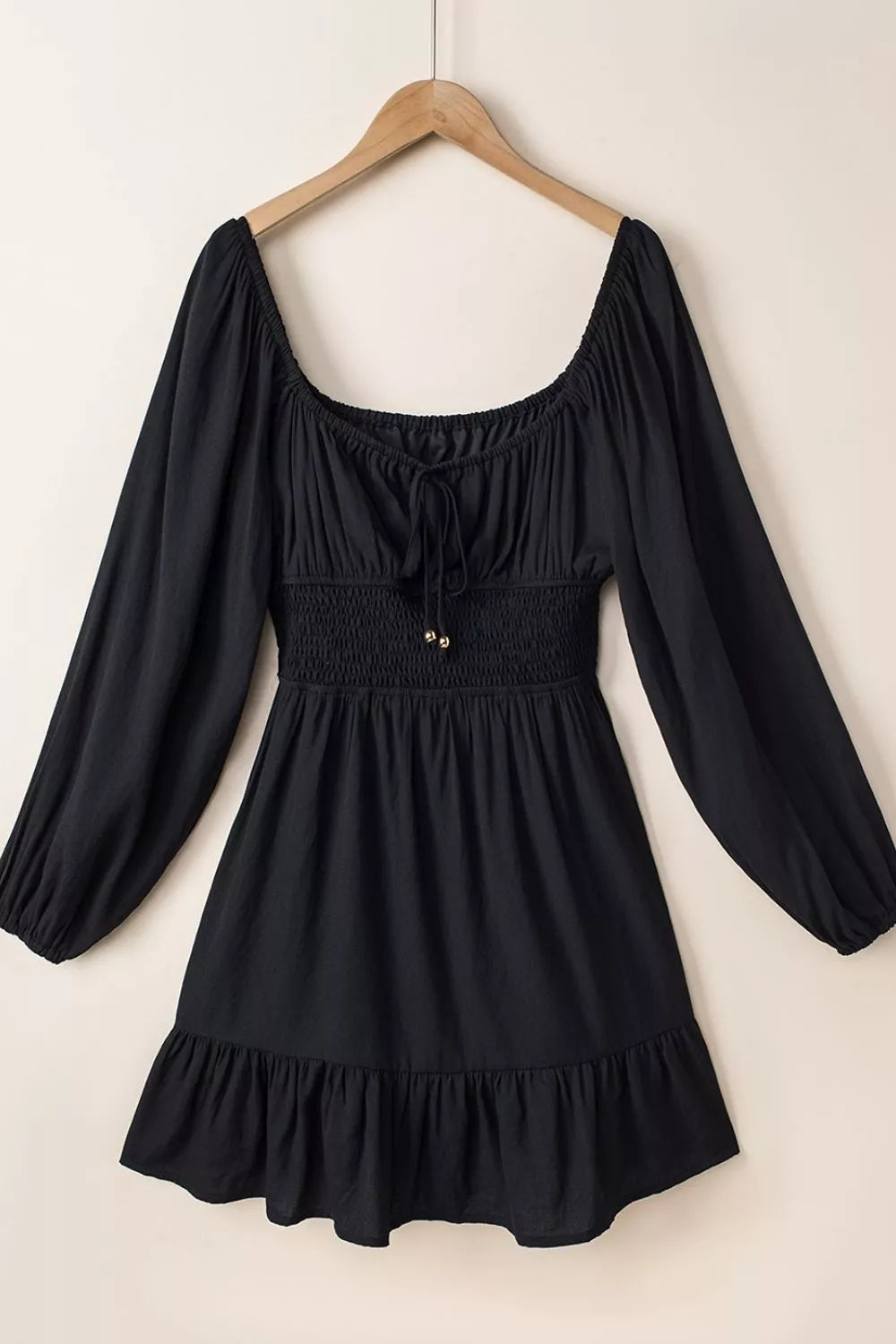 YSONA Solid Color Long Sleeve Shirred Drawstring Ruffle Mini Dress — full length view | Women's Dress