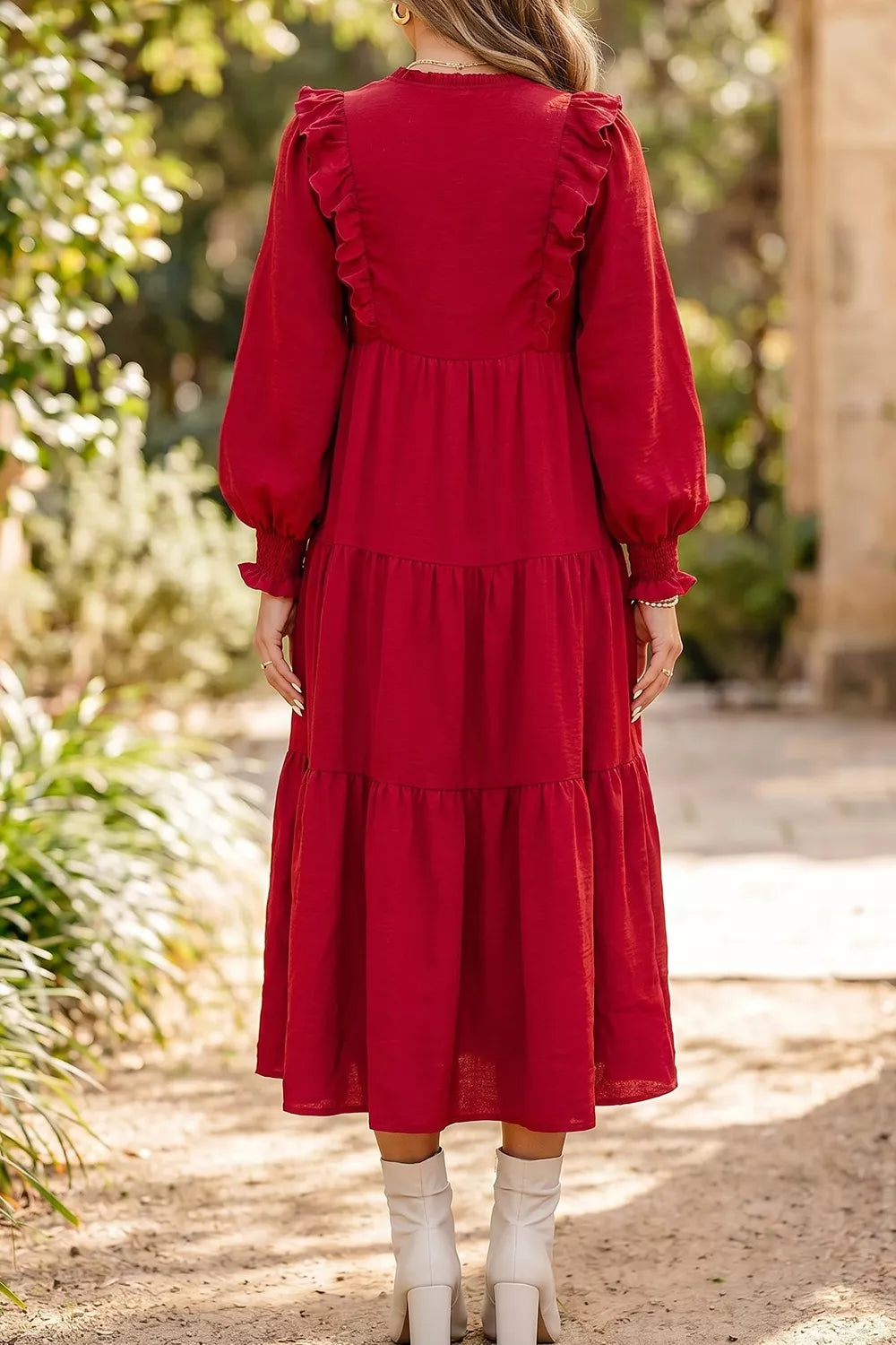 YSONA Solid Color Ruffle Trim Long Sleeve Tiered Shift Midi Dress — back view | Women's Dress