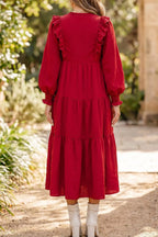 YSONA Solid Color Ruffle Trim Long Sleeve Tiered Shift Midi Dress — back view | Women's Dress