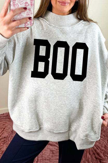 Light Grey Halloween Boo Slogan Ghost Print Reversible Mock Neck  Sweatshirt