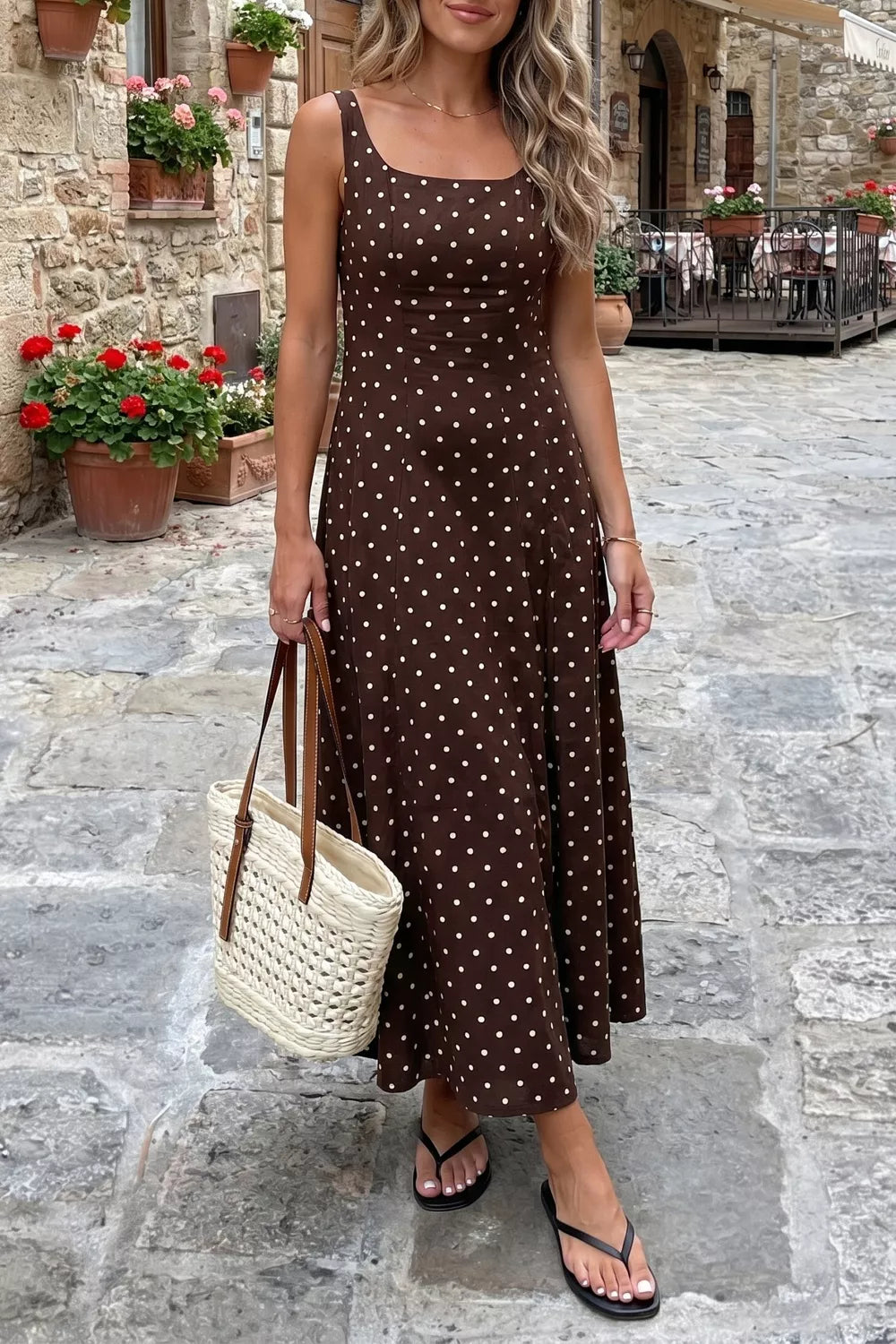 YSONA Polka Dot Print Square Neck Sleeveless Vacation Maxi Dress — close-up view | Women's Dress