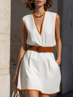 YSONA Contrast Trim V-Neck Sleeveless Dress — front view | Women's Dress | Shop YSONA