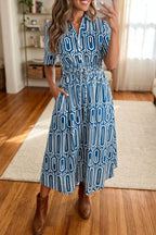 YSONA Geometric Print Short Sleeve Drawstring Shirt Collar Dress — front view | Women's Dress