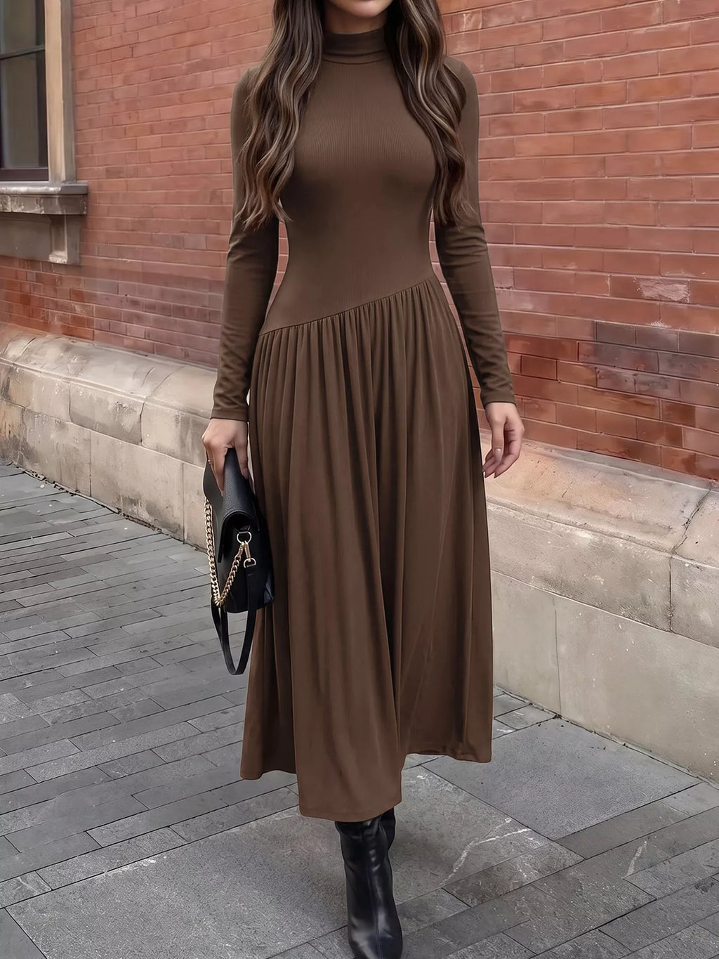 YSONA Mock Neck Long Sleeve Midi Dress — front view | Women's Dress | Shop YSONA