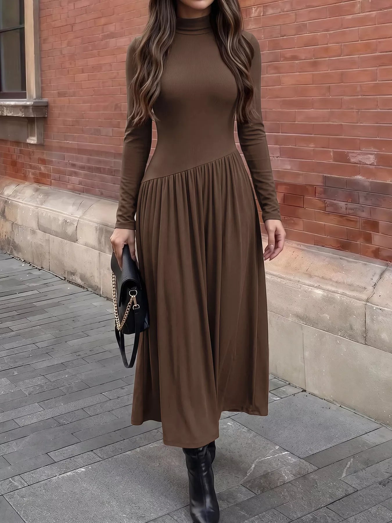 YSONA Mock Neck Long Sleeve Midi Dress — front view | Women's Dress | Shop YSONA