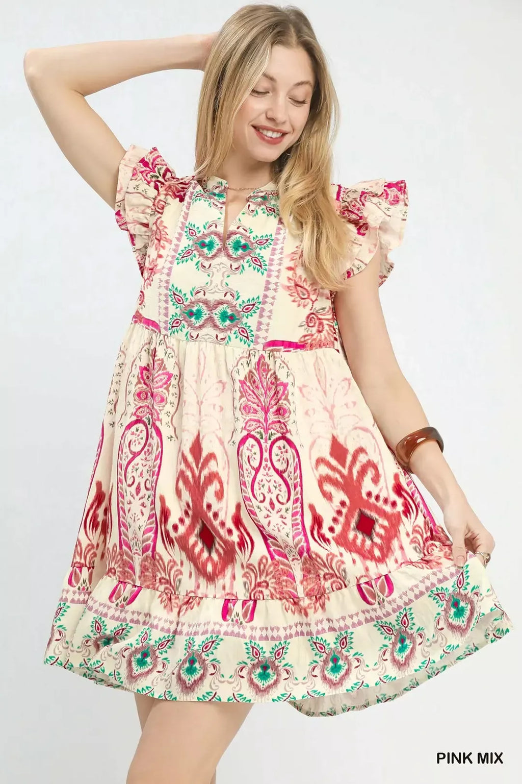 YSONA Umgee Mix Ruffle Sleeve Boho Print Dress — front view | Women's Dress | Shop YSONA