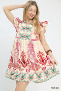 YSONA Umgee Mix Ruffle Sleeve Boho Print Dress — front view | Women's Dress | Shop YSONA