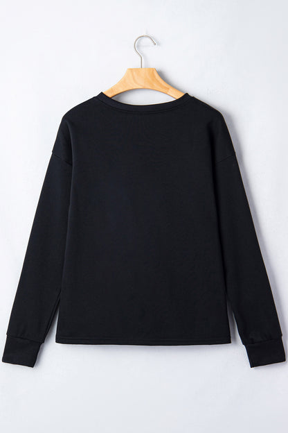 Black Round Neck Ghost Print Regular Fit Graphic Long Sleeve T-Shirt