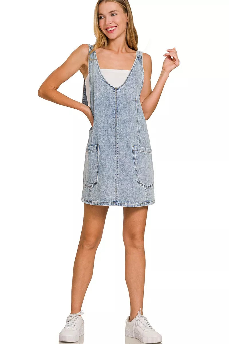 YSONA Zenana Denim Overall Dress with Front Pockets — close-up view | Women's Dress | Shop YSONA