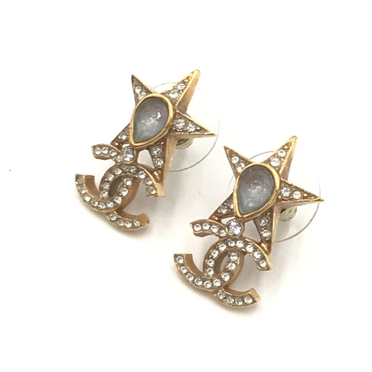 Chanel Gold Plated Star Coco Mark Earrings With Rhinestones - YSONA