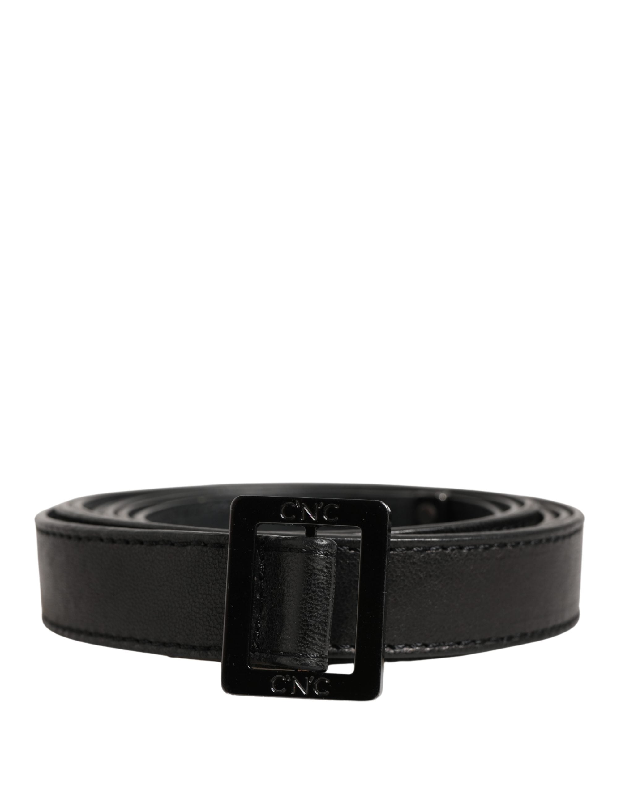 Costume National Black Leather Square Metal Buckle Waist Belt - YSONA