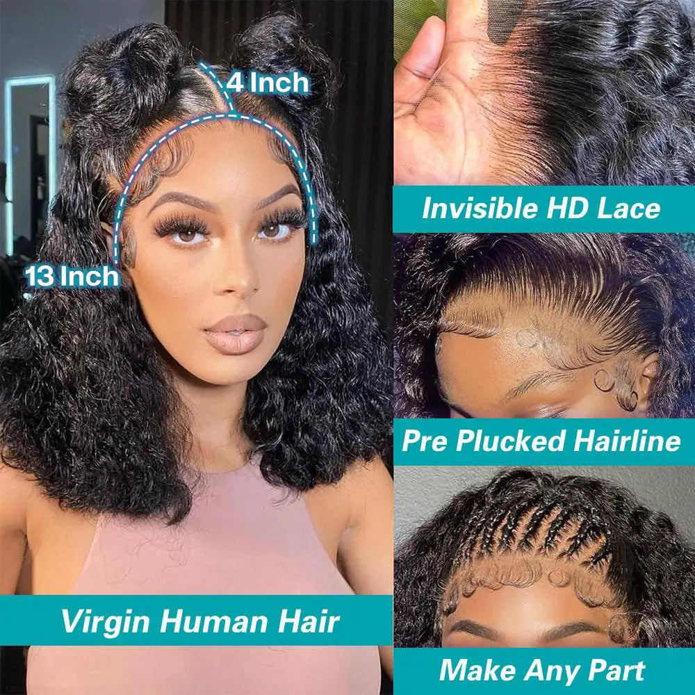 Curly Short Bob 13x4 Lace Frontal Wig – Deep Wave HD Transparent, Pre-Plucked 200%