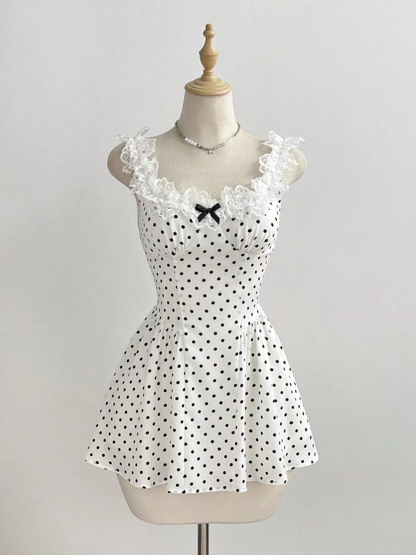 YSONA Polka Dot Lace Trim Mini Dress — side view | Women's Dress | Shop YSONA